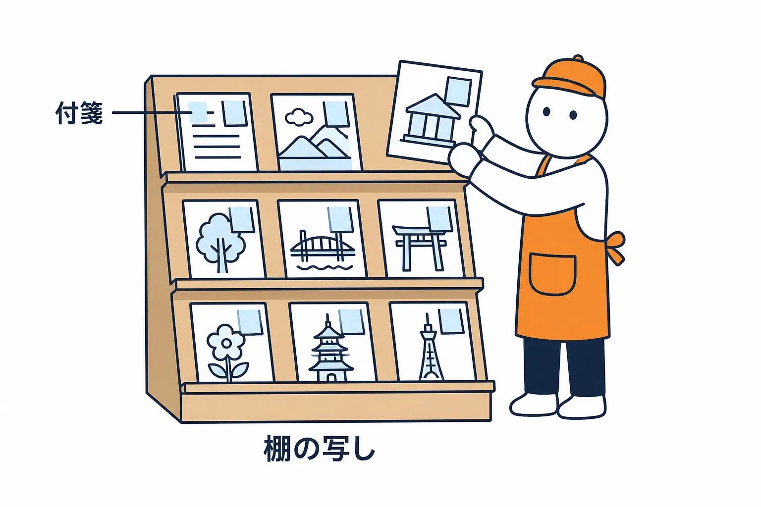 窓口の棚に写しが並び、本社の付箋が貼ってある