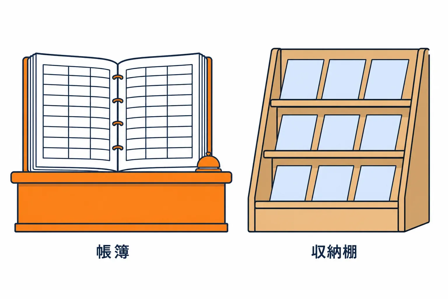 受付の裏に置かれた帳簿と、棚の対比