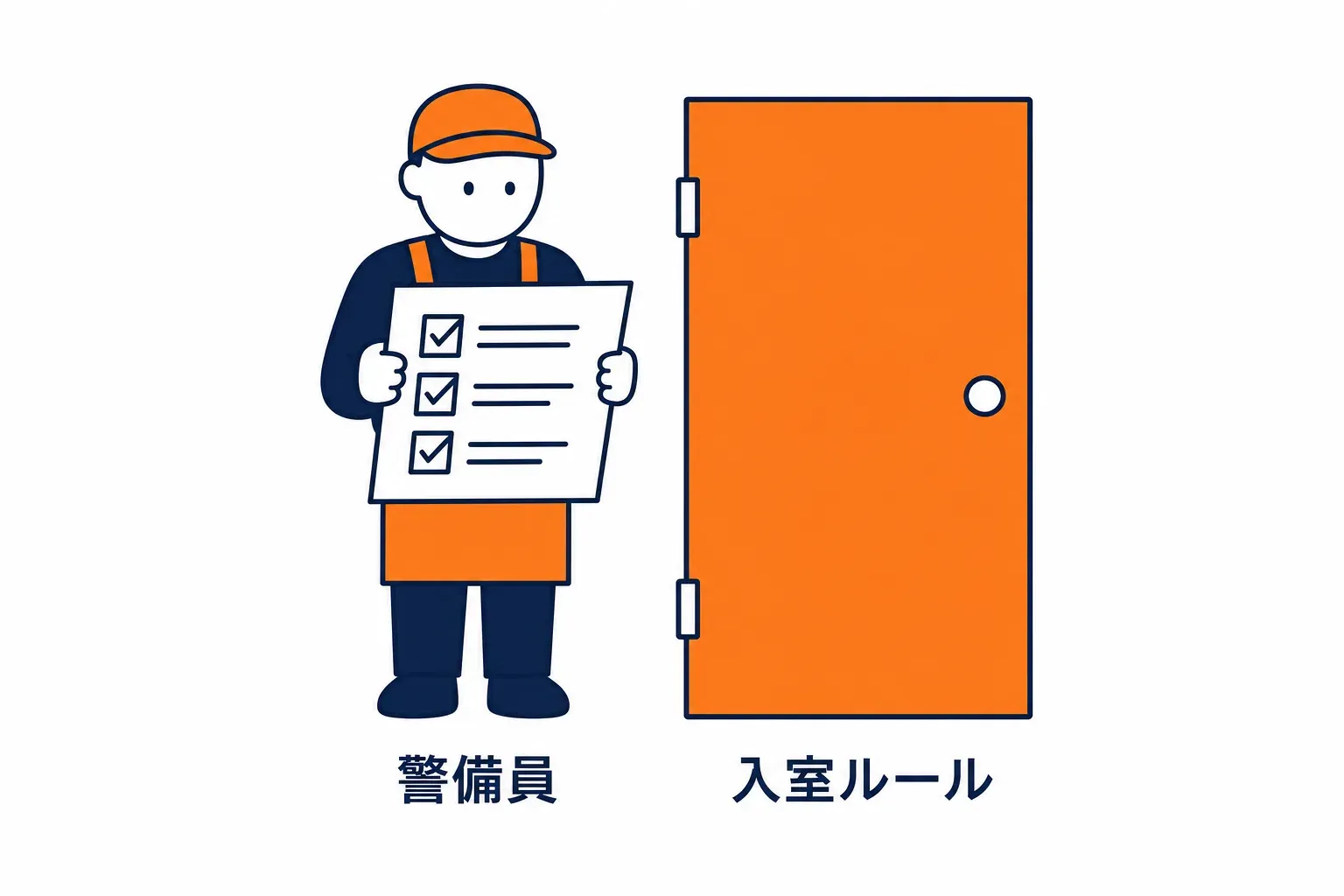 警備員が手にした入室ルールの紙