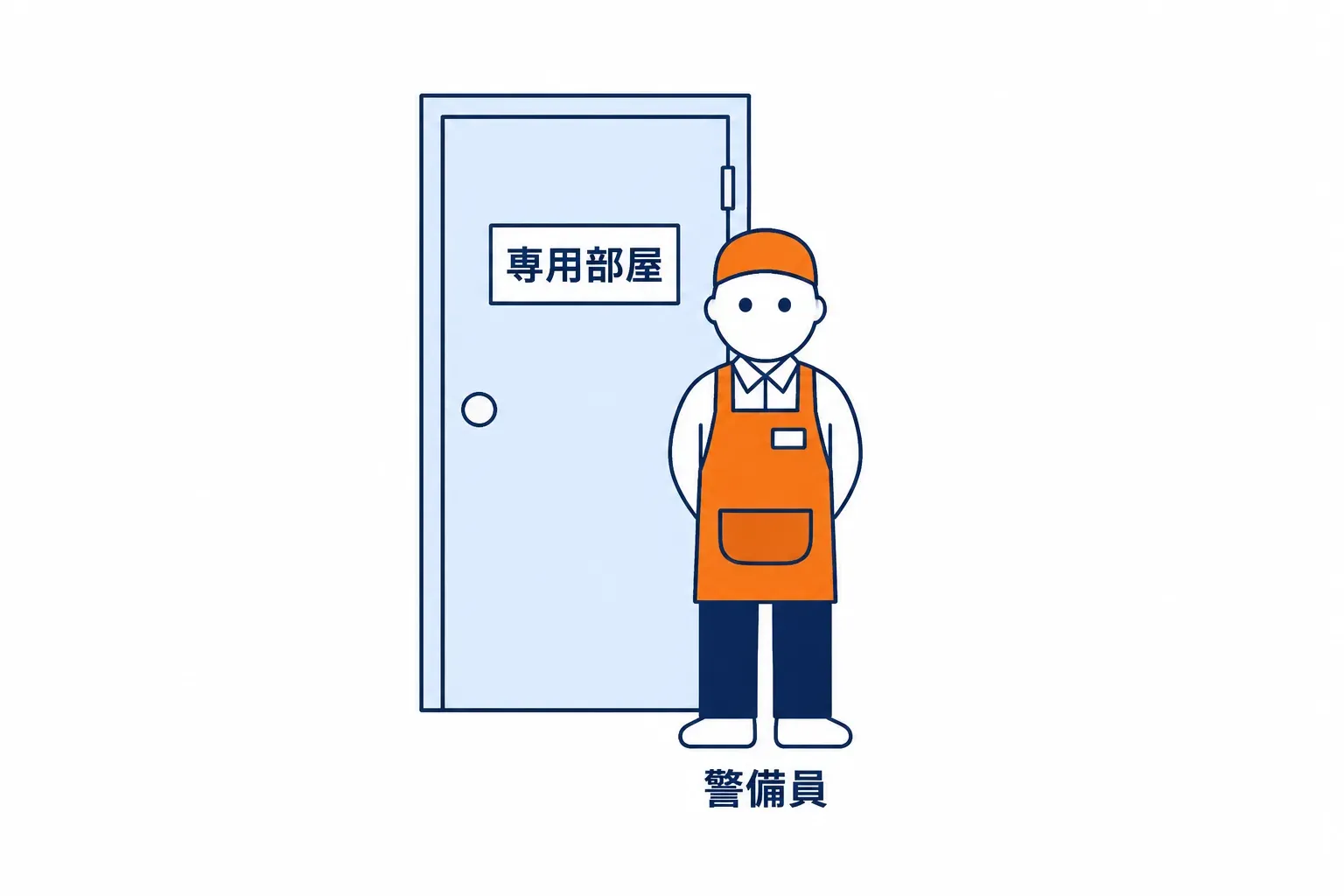 店の奥の扉と、その前に立つ警備員