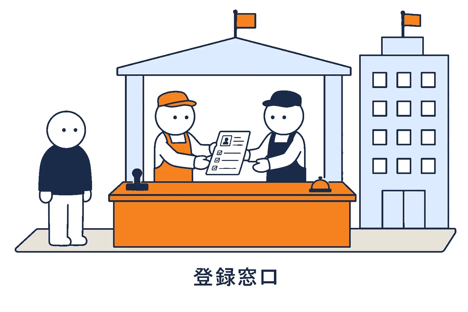 役所の窓口で店名の申請書を出すスタッフ