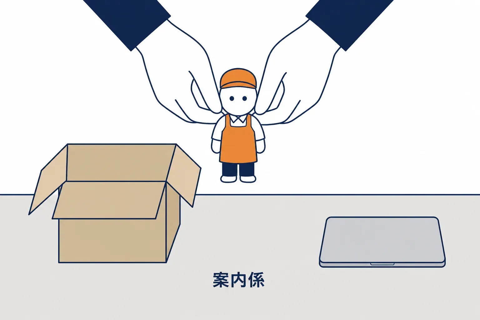 箱から案内係を取り出して机に置く場面