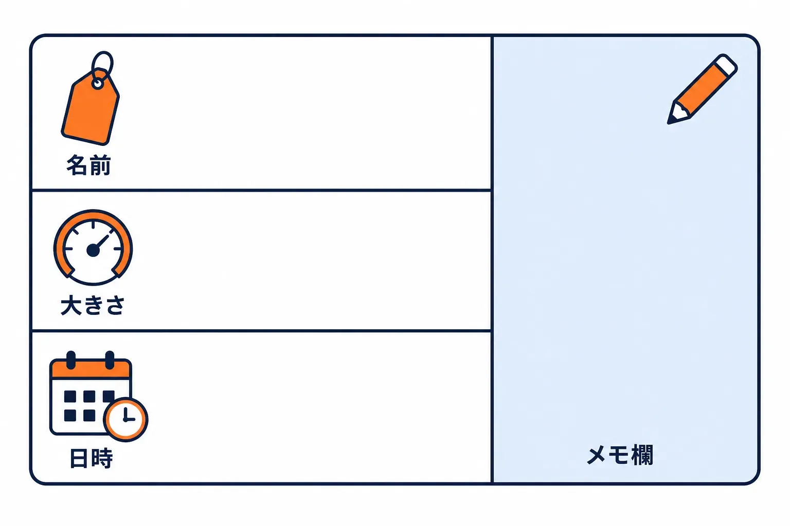 荷物の控えに名前・大きさ・日時が並び余白にメモ欄がある