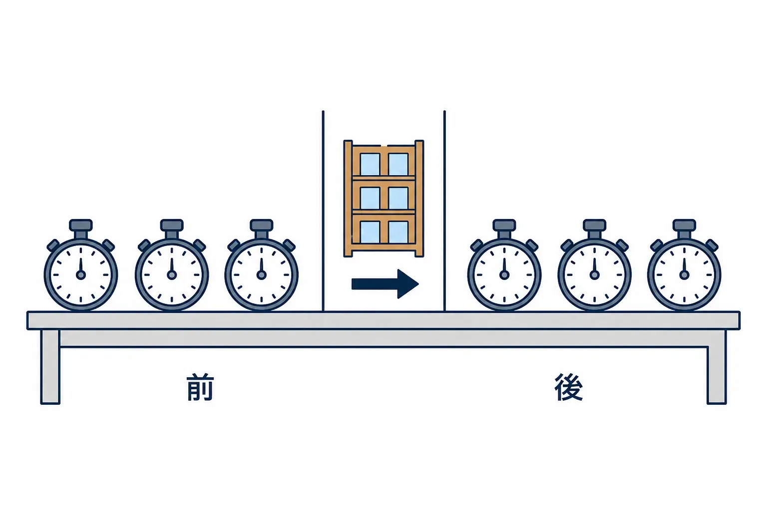 前後それぞれ 3 回のストップウォッチを並べる
