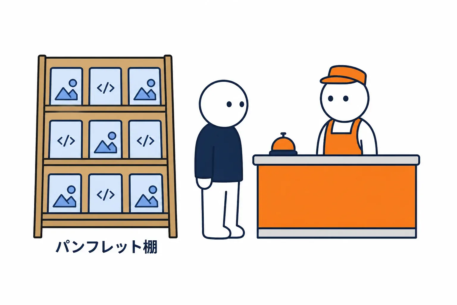 受付窓口に並ぶパンフレットの棚