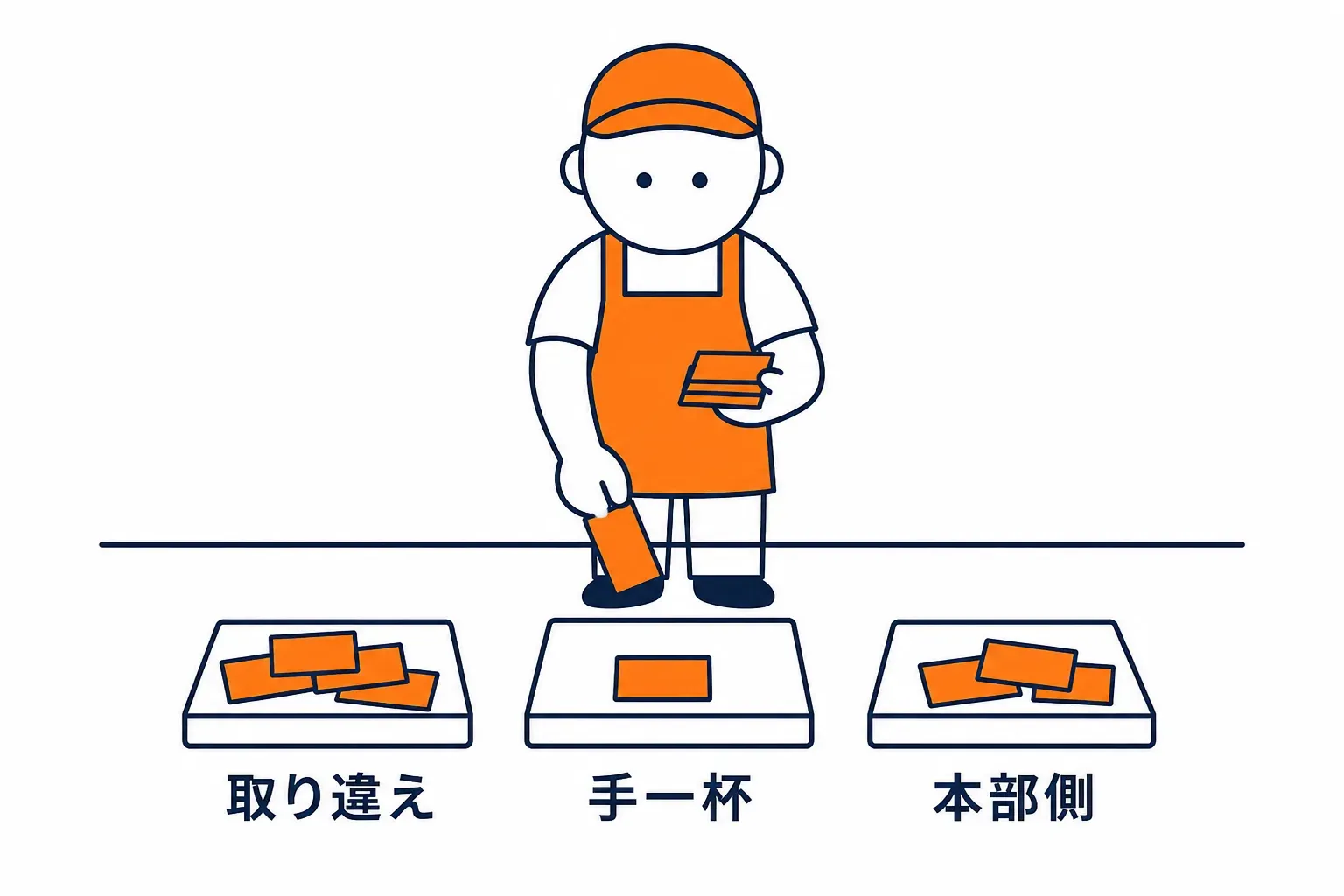 失敗の札を「取り違え」「手一杯」「本部側」に仕分ける様子