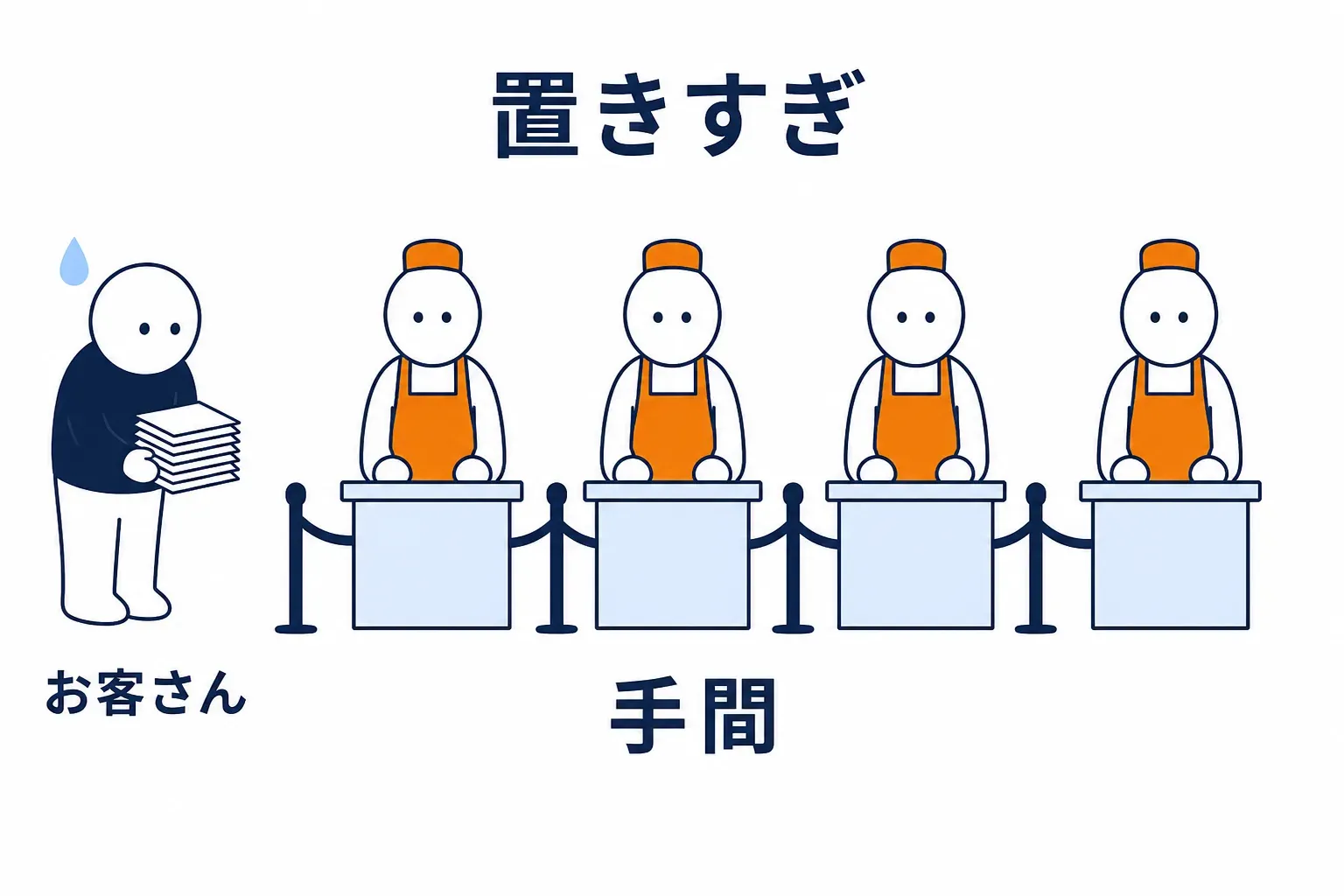 係が何人も並び、疲れた顔で待つお客さん