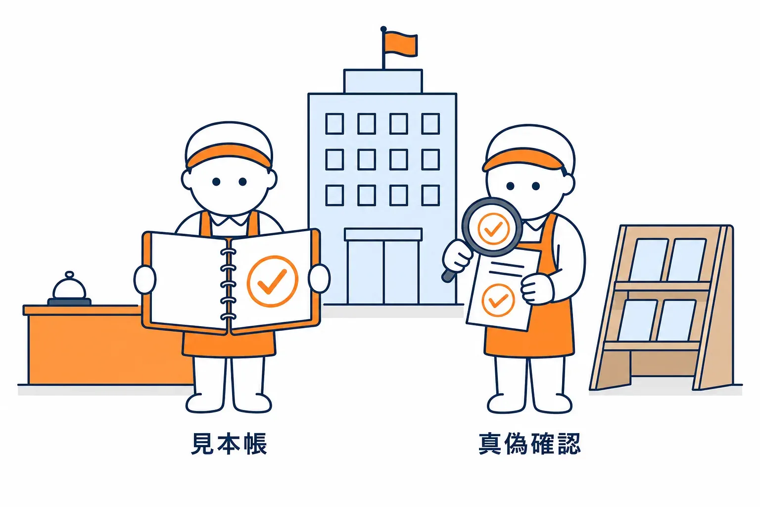 見本帳と見比べてスタンプの真偽を確かめる