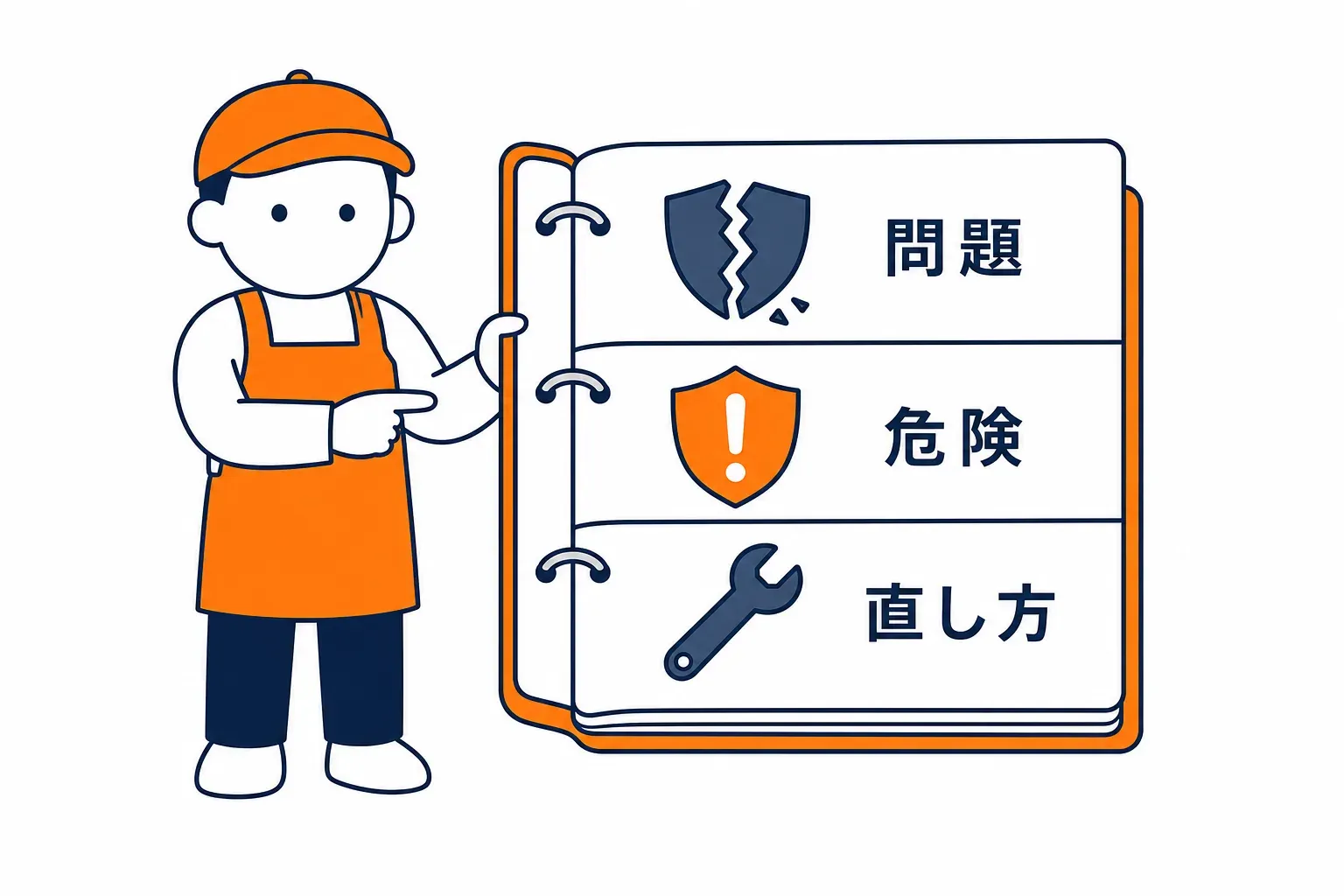 点検表の 1 項目を開き、危険と直し方を読んでいる場面